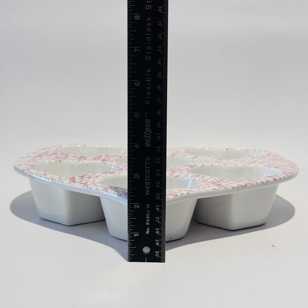 Vintage Red & White Sponge Ware Stoneware Heart Tray 6 Well‎ Heart Mold